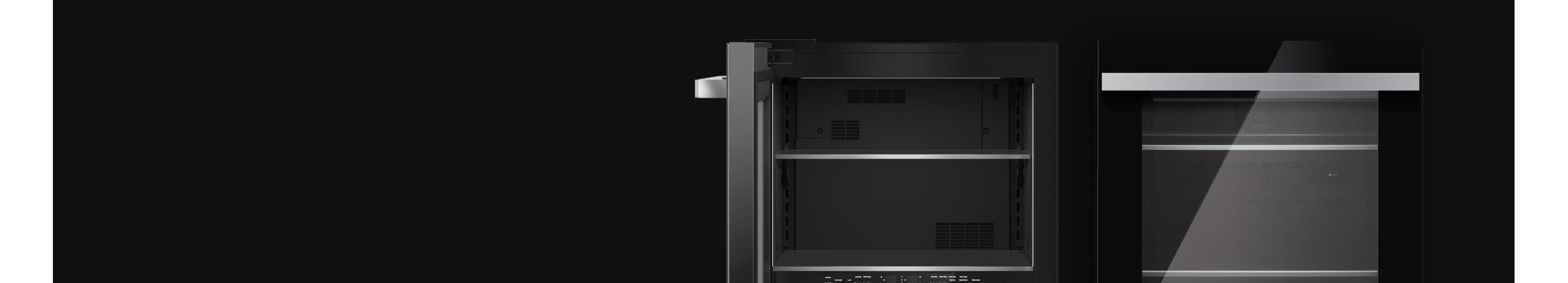 A pair of NOIR™ Design beverage centers, one open and one closed.