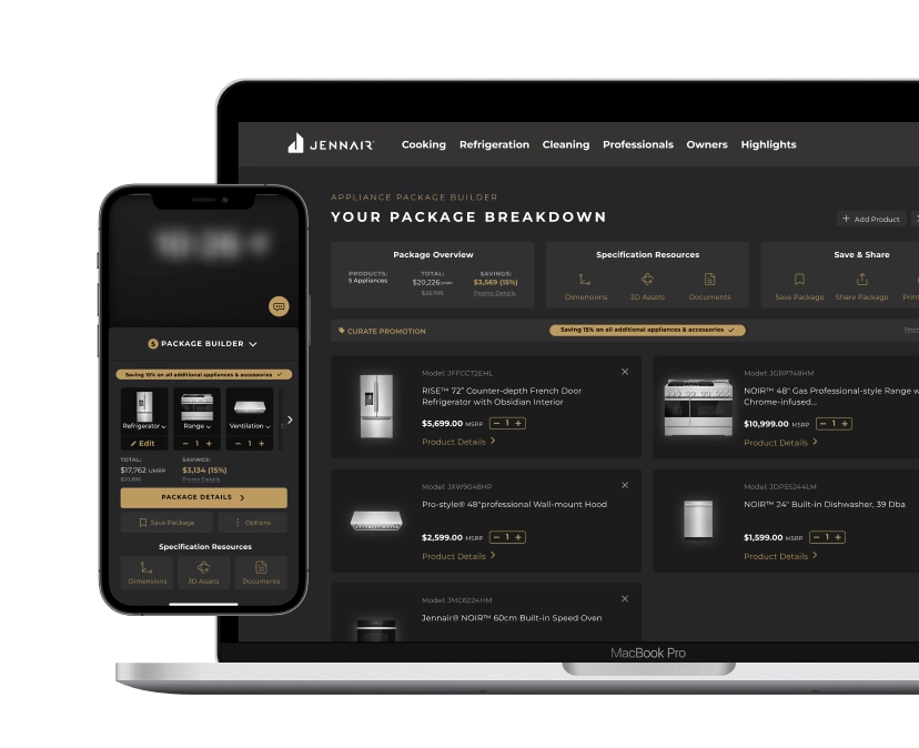 A computer and cell phone showing the JennAir® Package Builder in use.
