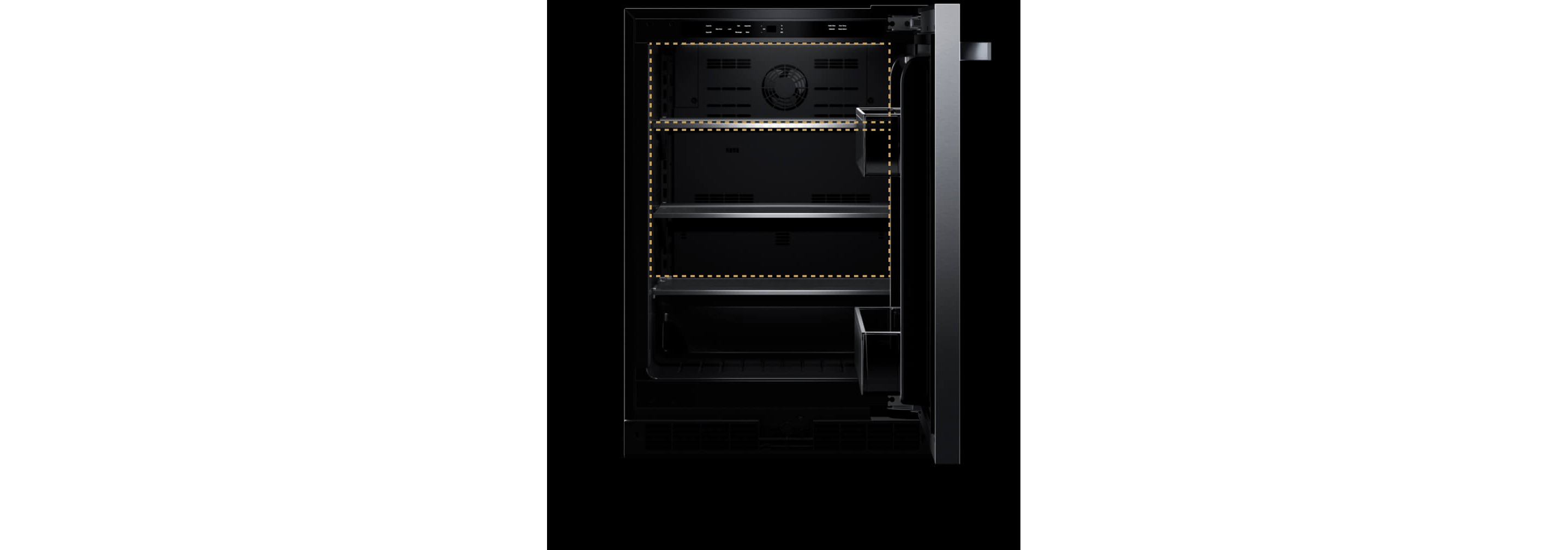 The interior of an undercounter refrigerator with a graphic showing the distinct climate zones.
