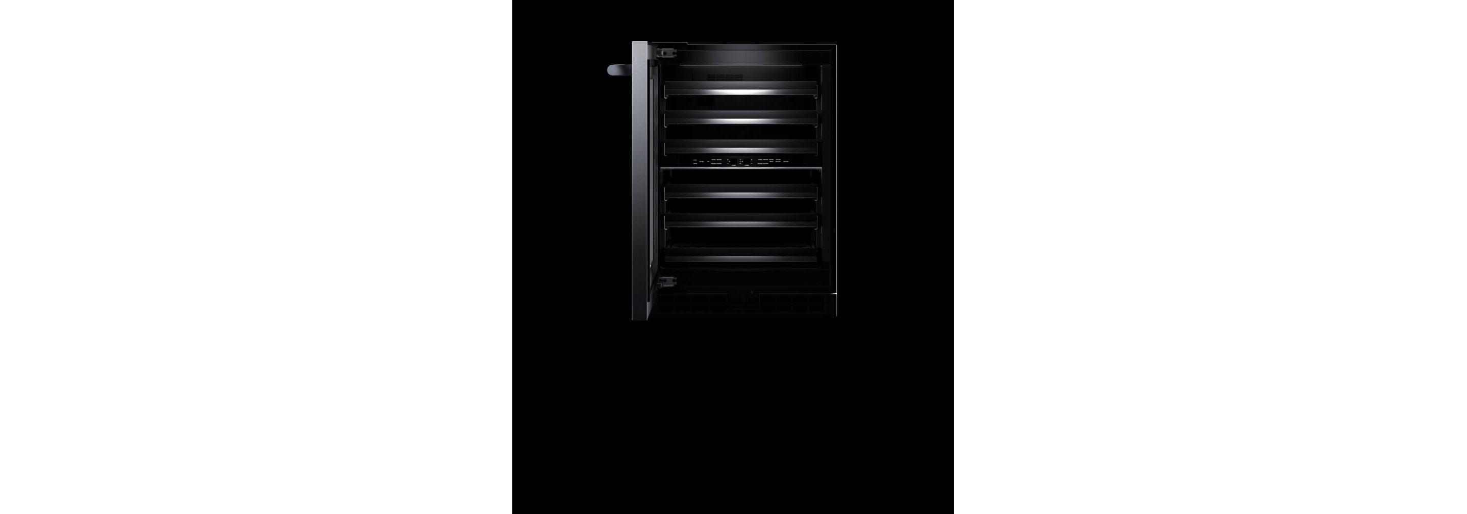 An open wine cellar displaying the rich Obsidian black interior.